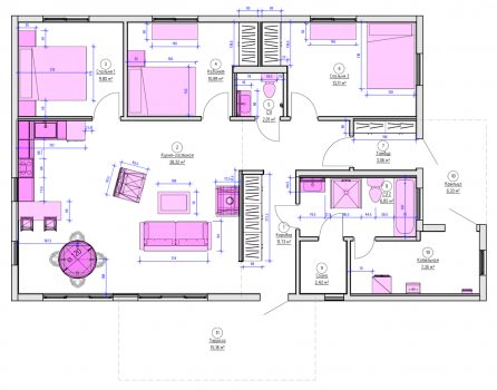 Планировка одноэтажного дома 9*13 с тремя спальнями (Чистый Ключ, Зелёная Роща)