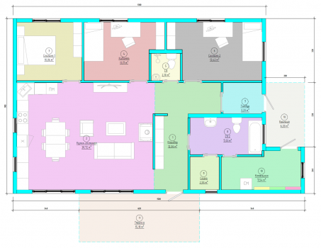 Планировка одноэтажного дома 9*13 с тремя спальнями (Чистый Ключ, Зелёная Роща)