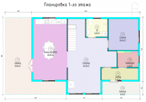 Планировка каркасного дома 150 м2 в Кузёмкино, 1 этаж
